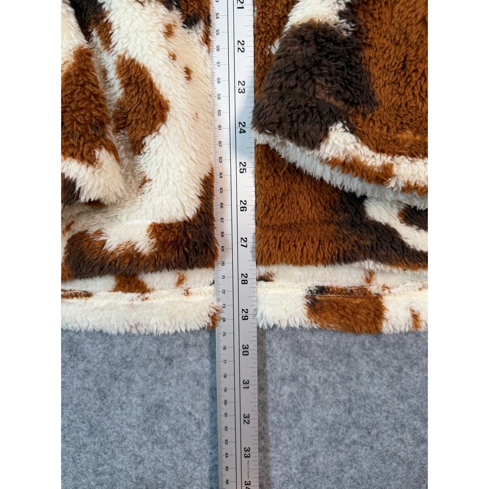 Cow‎ Print Quarter Zip Fleece Pullover Brown White Fuzzy Faux Fur Sweater - Picture 3 of 5